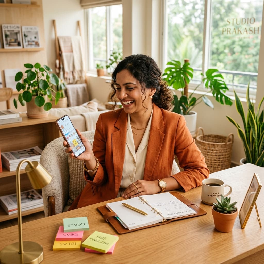 Creative woman entrepreneur analyzing notes at her desk and smiling while using her smartphone