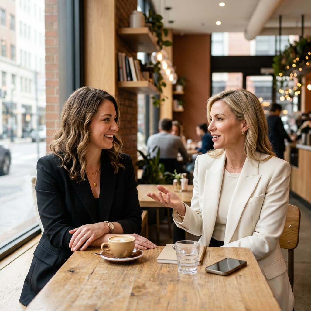 Two professional women collaborating and discussing ideas over coffee